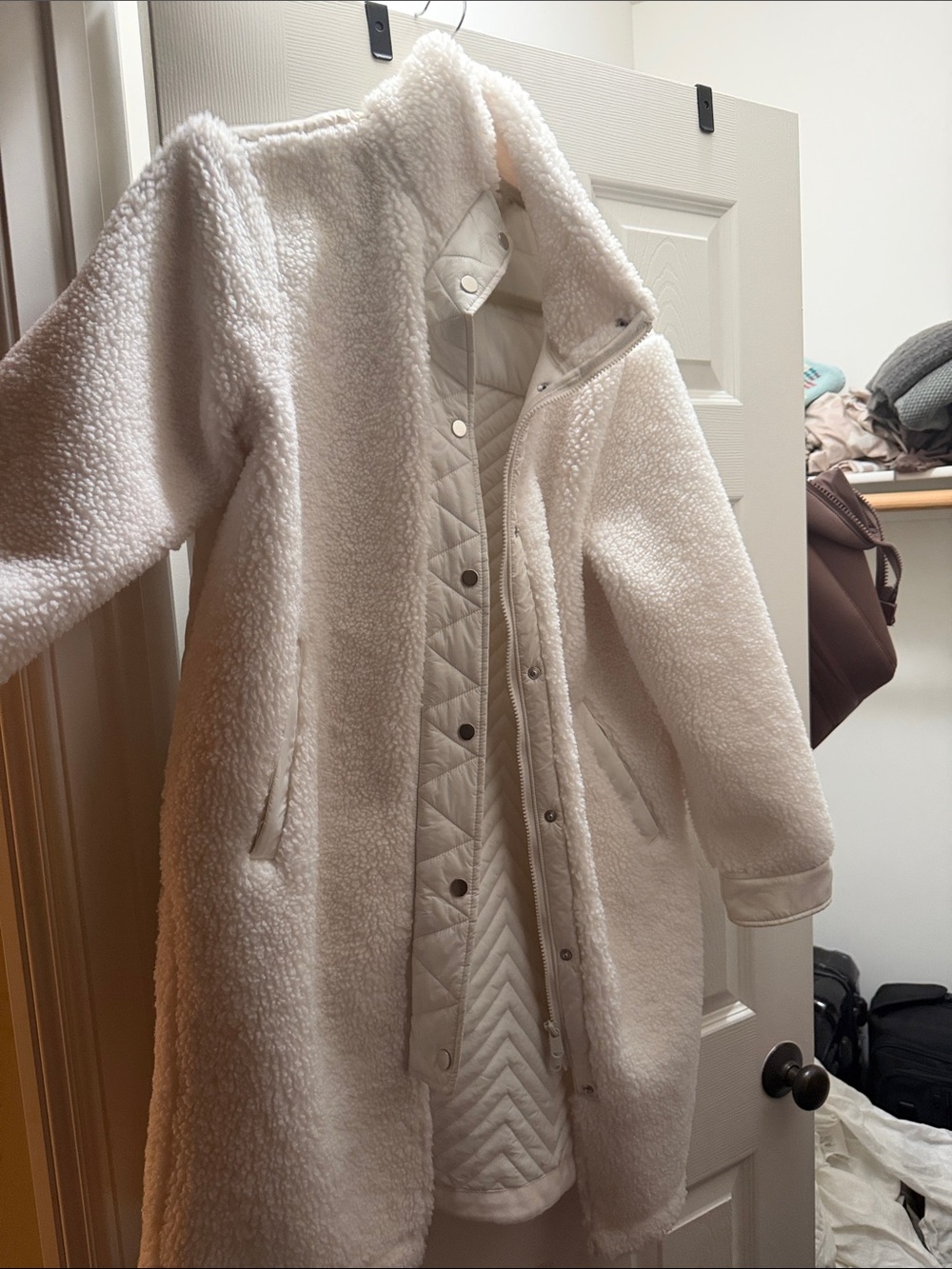 Athleta Cream Teddy Sherpa Coat with Quilted Liner